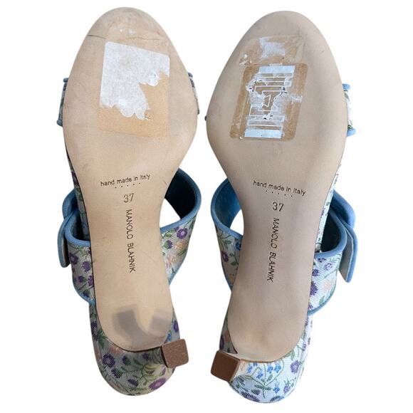 Manolo Blahnik Floral Blue Gable Buckle High Heel Sandal Mule 37 - Picture 8 of 11